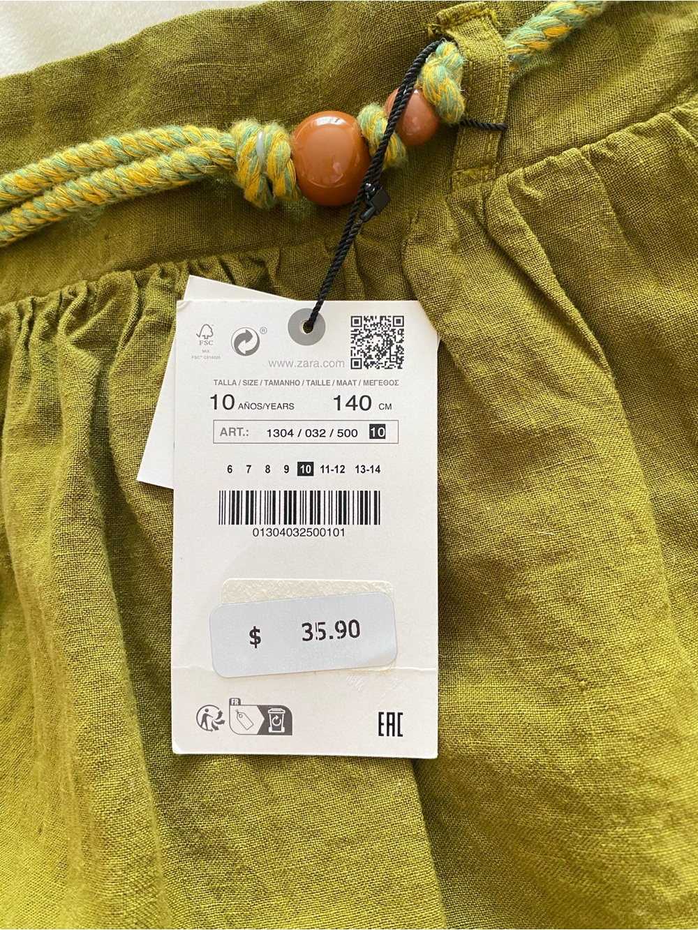 ZARA NWT Olive Linen Drawstring Skort for Girls - Picture 3 of 7